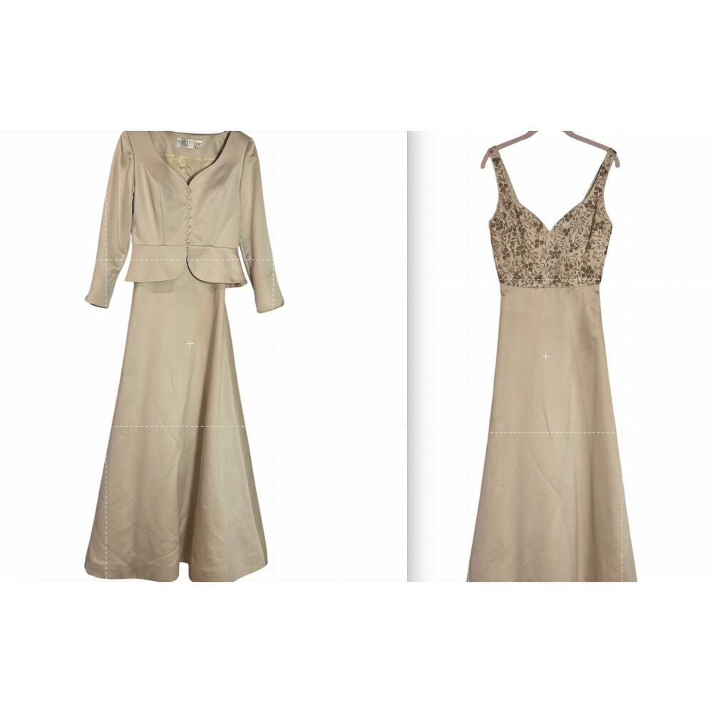 Vintage Formal Beaded Black Tie Oleg Cassini Gold Dress Coat Opera Gown Set